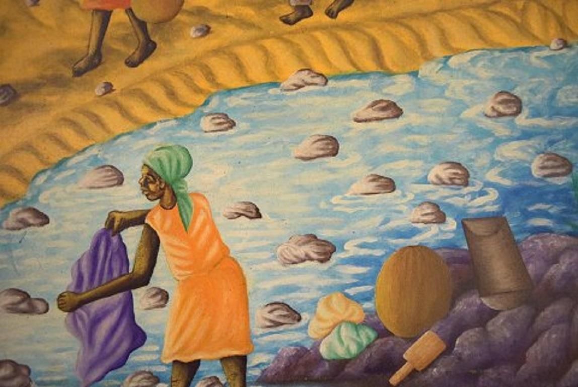 Emile, Haitian Artist, Naivist School, Oil On Canvas, 1970s, Local Workers photo Art