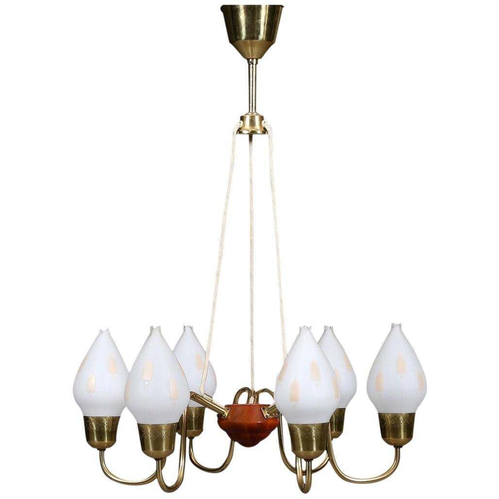 Fog & Mørup Brass Chandelier With Opaline Glass Shades
