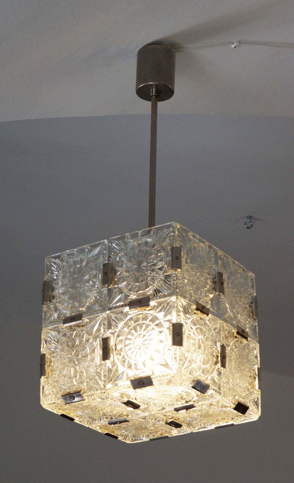 Mid Century Cube Form Pendant Ceiling Fixture Featuring Etched Glass By Kalmar photo vinterior