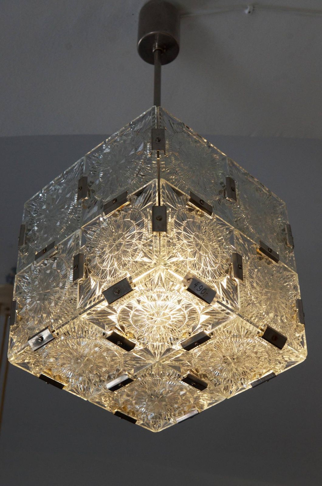 Mid Century Cube Form Pendant Ceiling Fixture Featuring Etched Glass By Kalmar photo buy