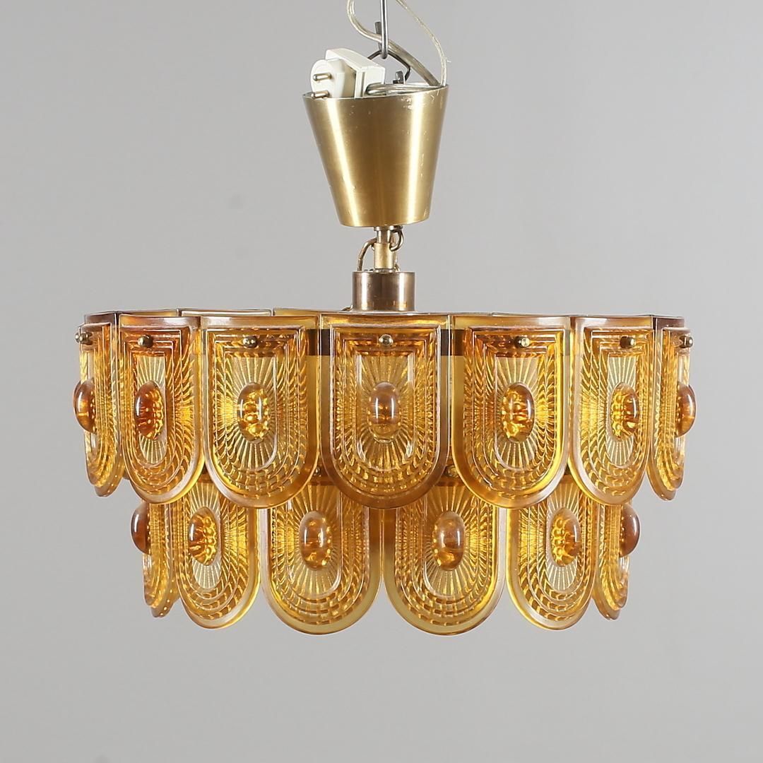 Beautiful Midcentury Brass Chandelier With Orange Glasses photo furniture
