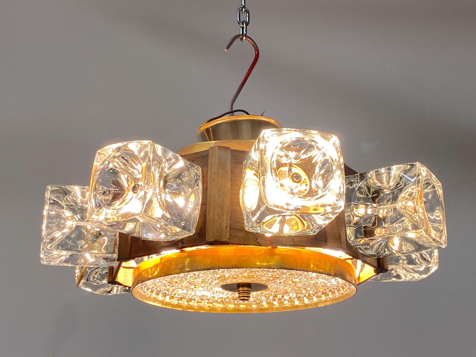 photo vinterior Danish Midcentury Glass, Brass Chandelier By Vitrika