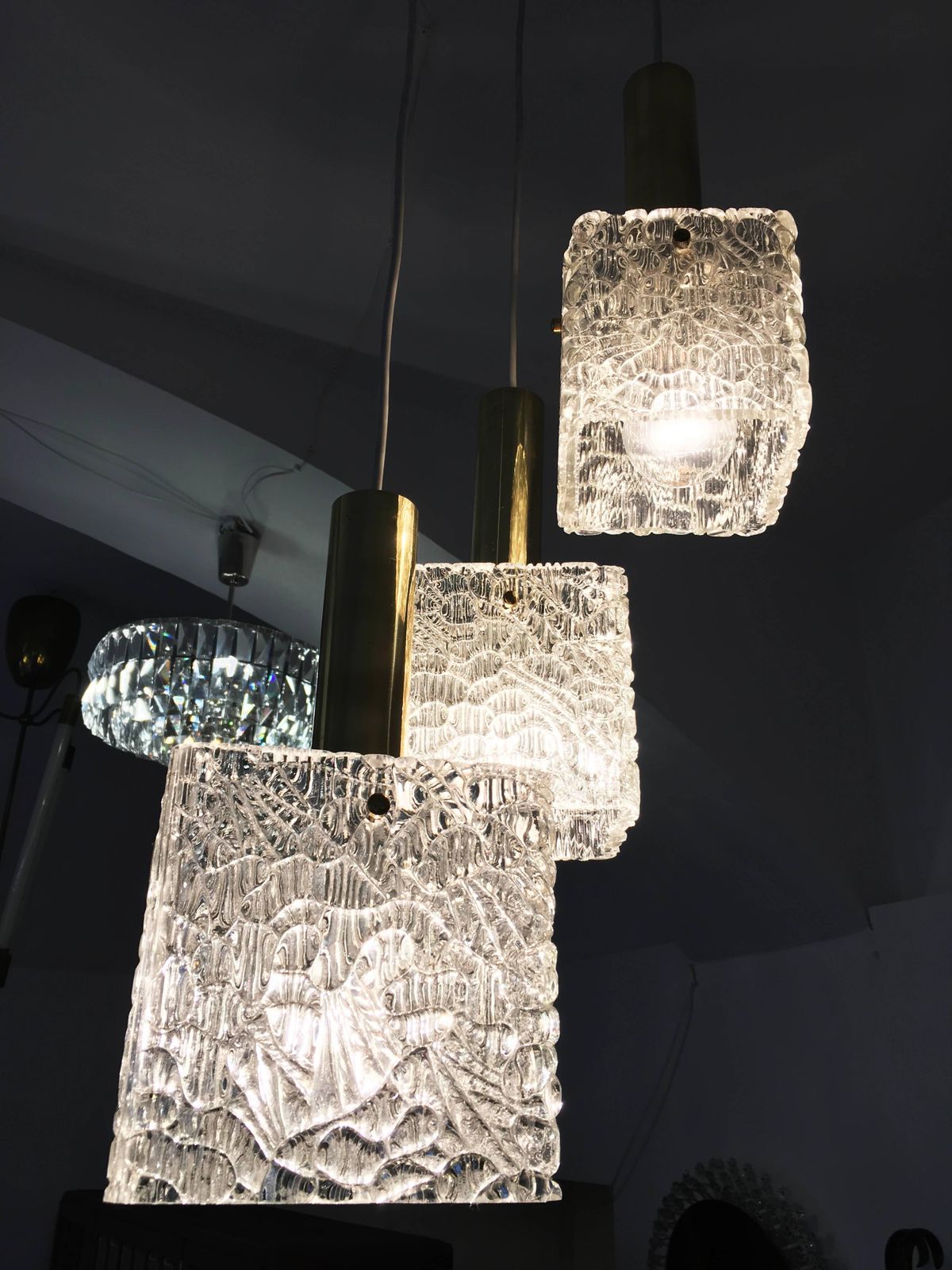 photo furniture Cascading Textured Glass And Brass Chandelier By J.T. Kalmar