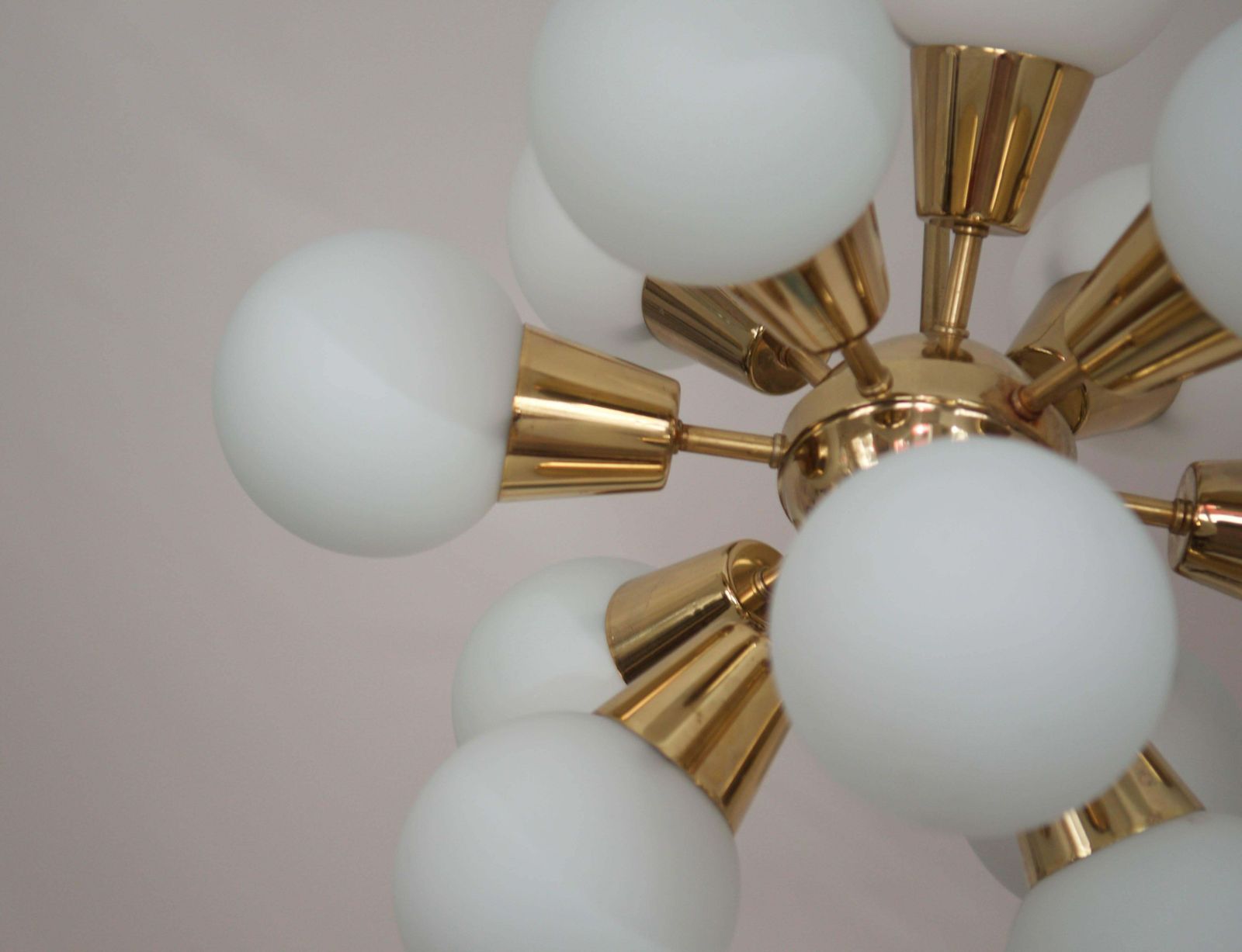 Sputnik Brass Chandelier With 12 Opaline Glass Shades photo buy