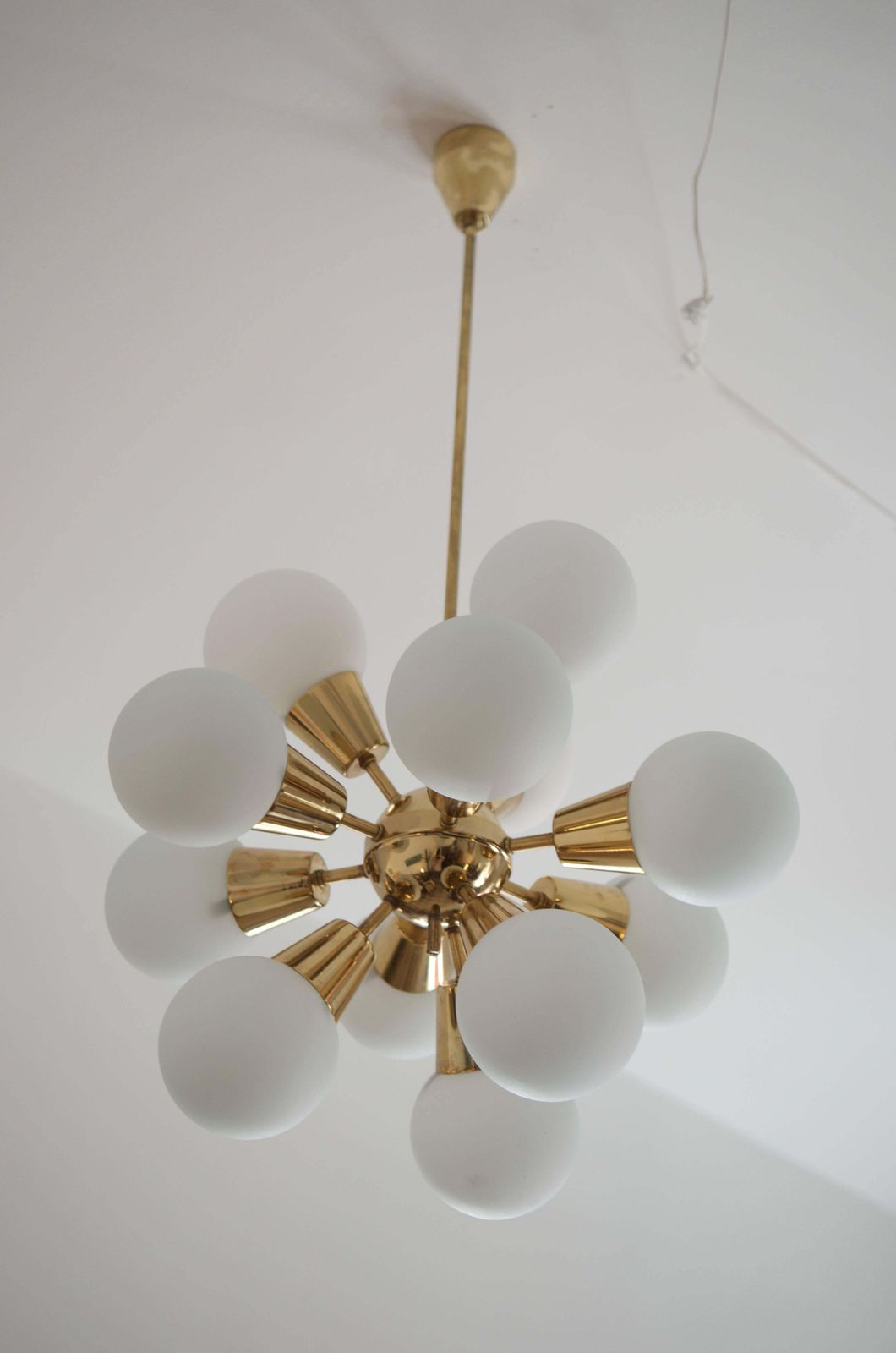 Sputnik Brass Chandelier With 12 Opaline Glass Shades photo vintage