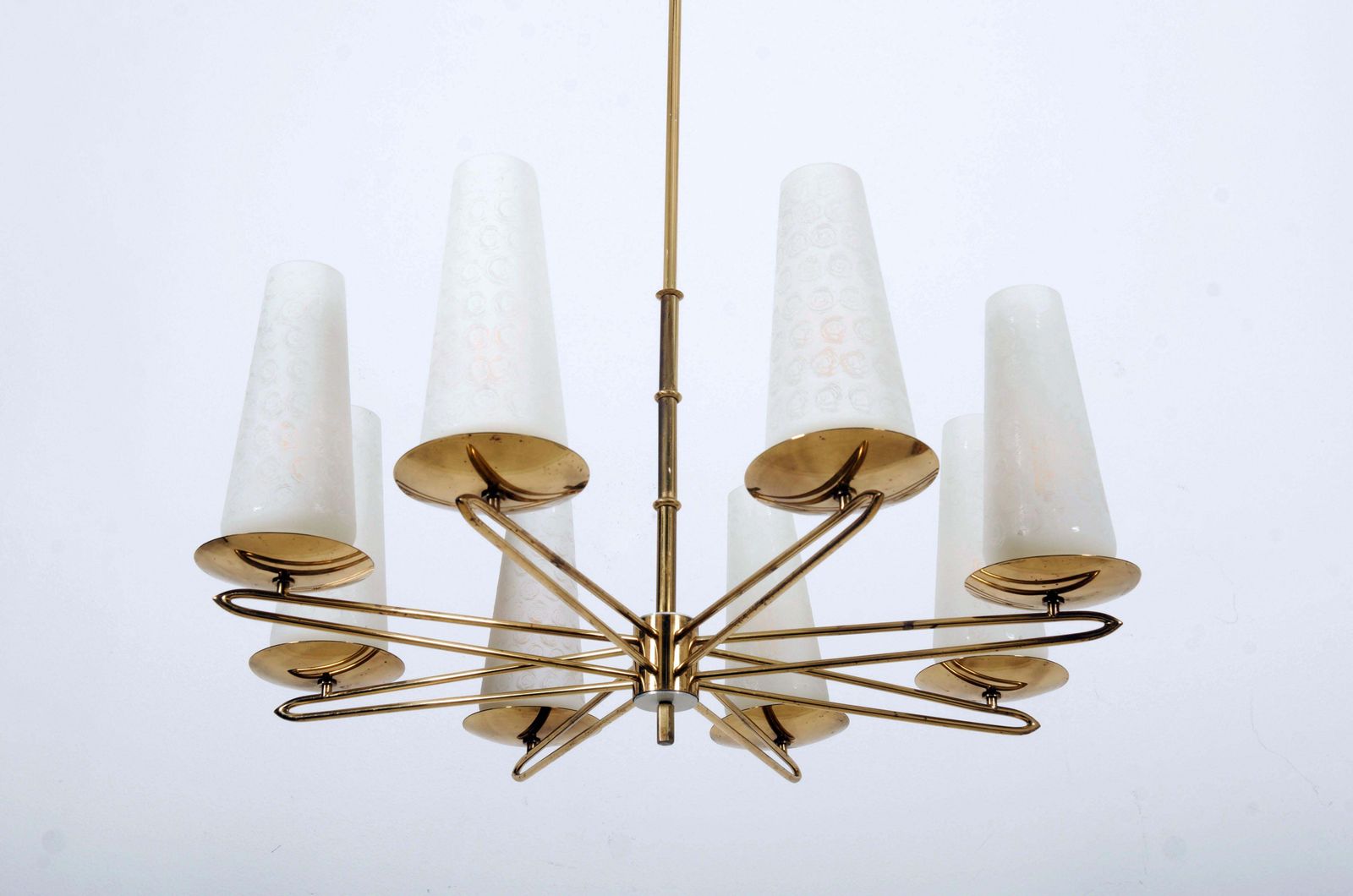 Midcentury Brass Opaline Glass Chandelier By Rupert Nikoll photo 1846.0