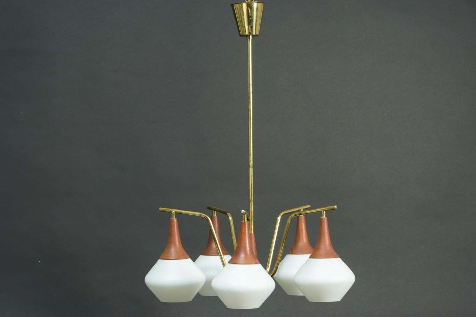 Brass/Teak Midcentury Chandelier With Opaline Glass Shades photo for sale