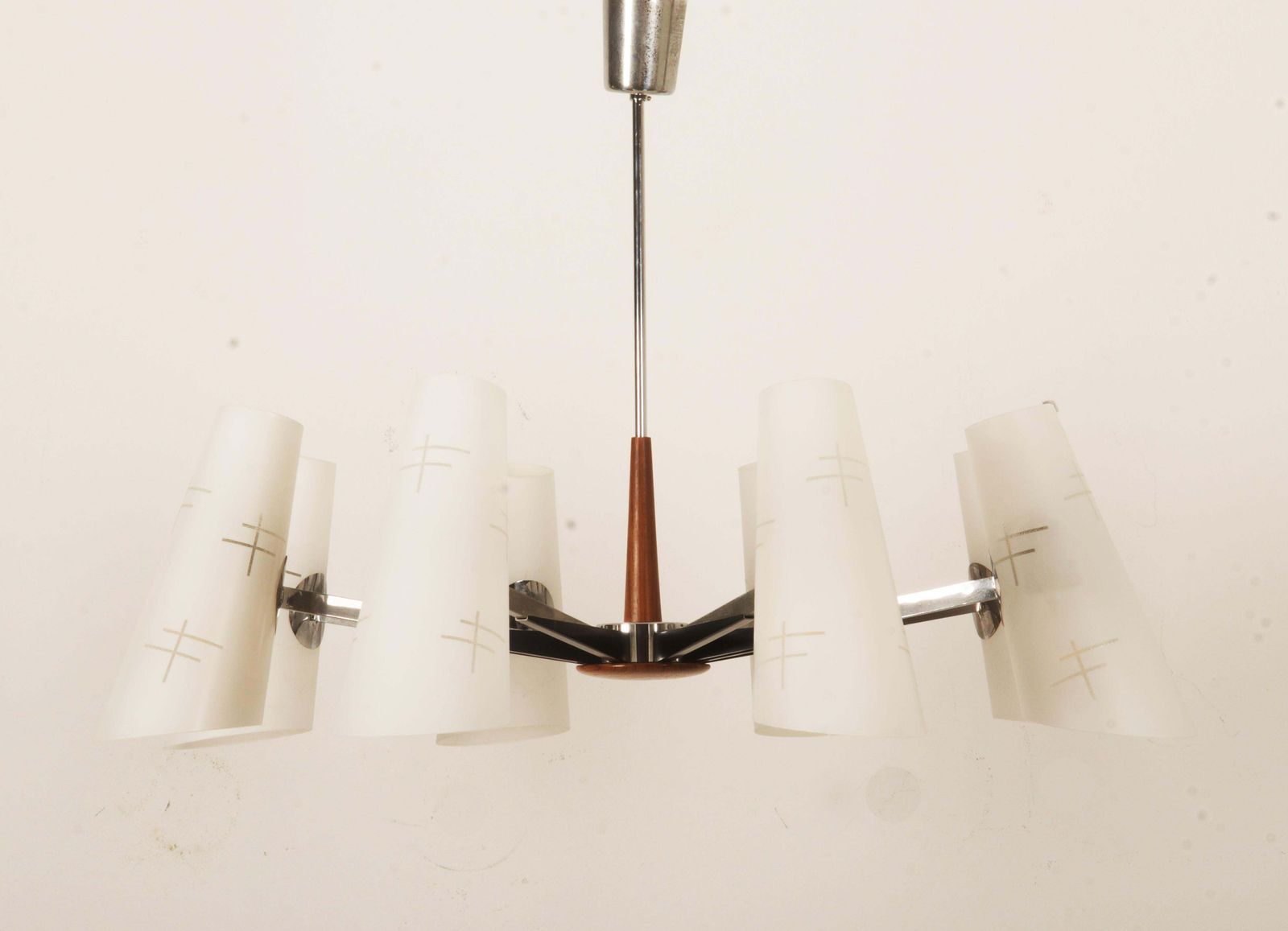 Midcentury Chromed Opaline Glass Chandelier By Rupert Nikoll photo furniture