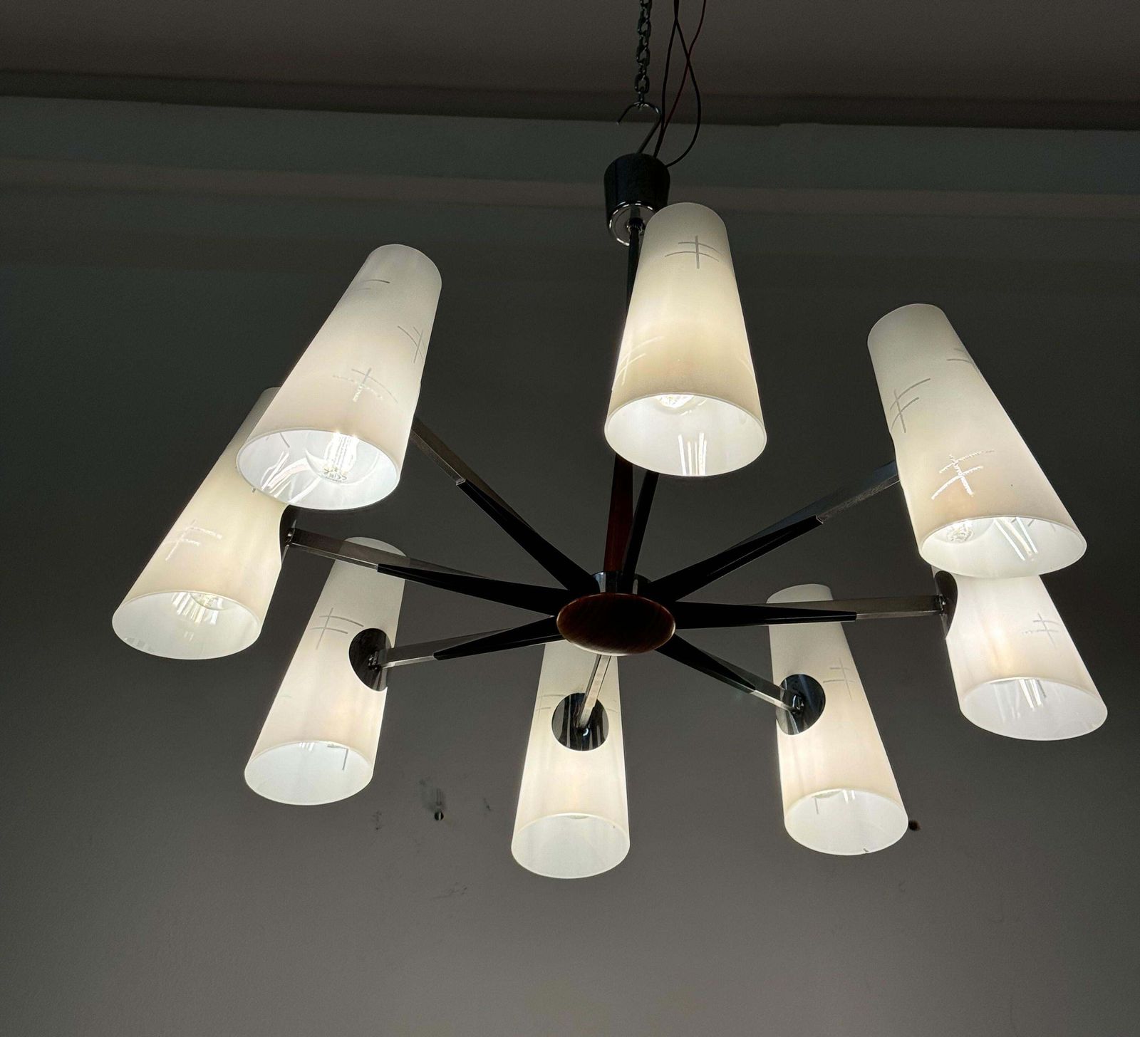 photo buy Midcentury Chromed Opaline Glass Chandelier By Rupert Nikoll