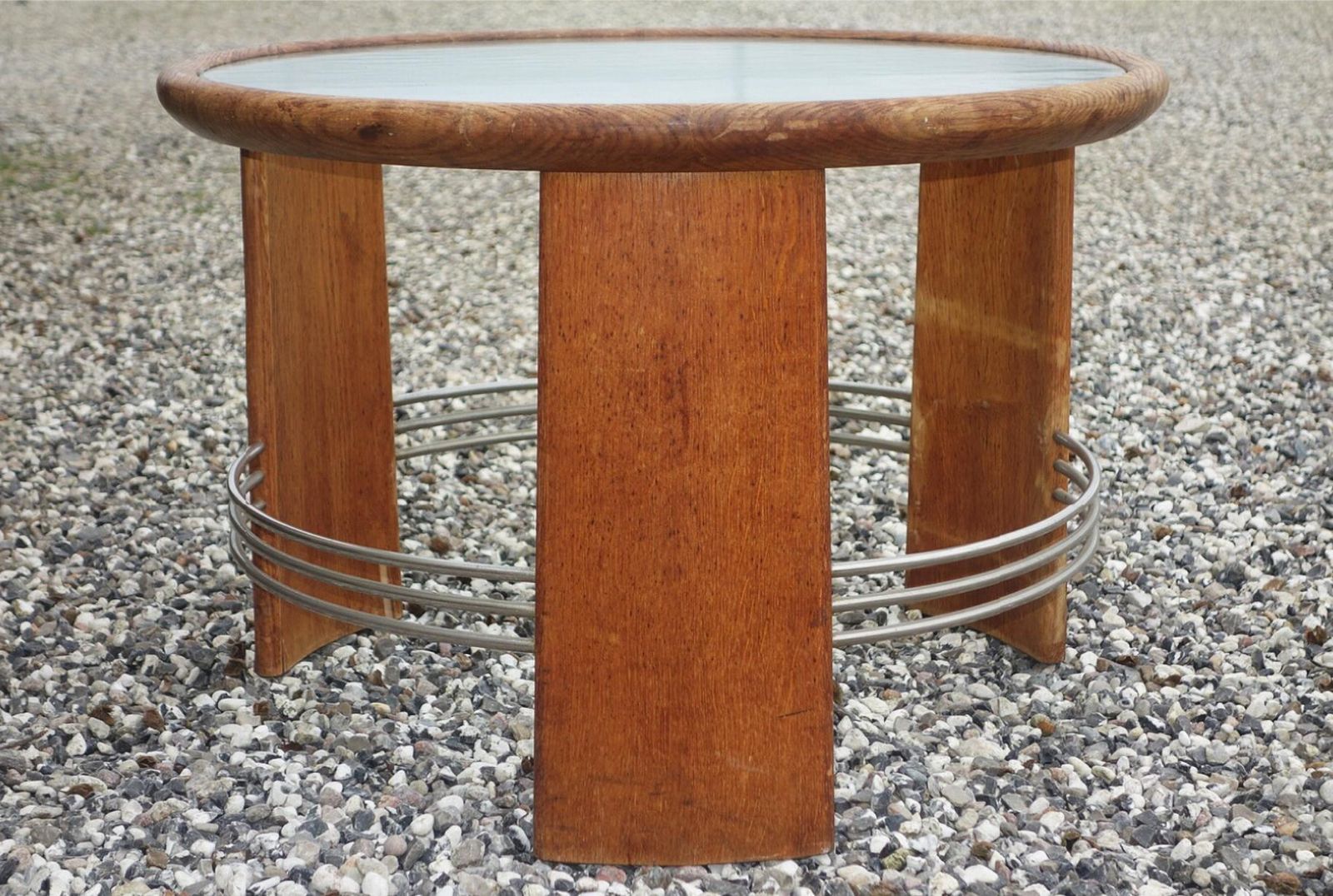 Danish Cabinetmaker Circular Art Deco Coffee Table Of Oak With Metal Rails photo furniture