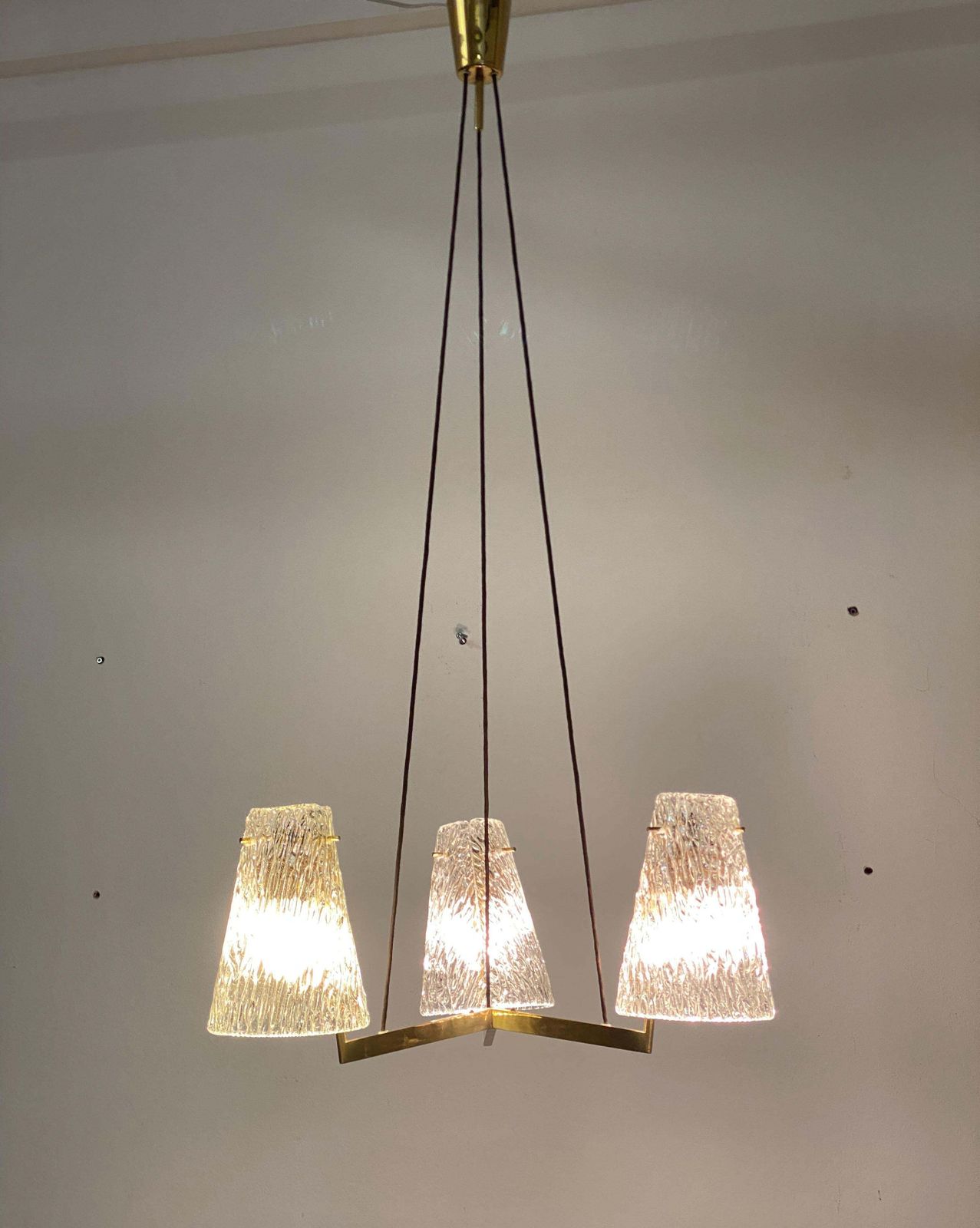 Lighting Brass Chandelier With Textured Glass By J. T. Kalmar photo