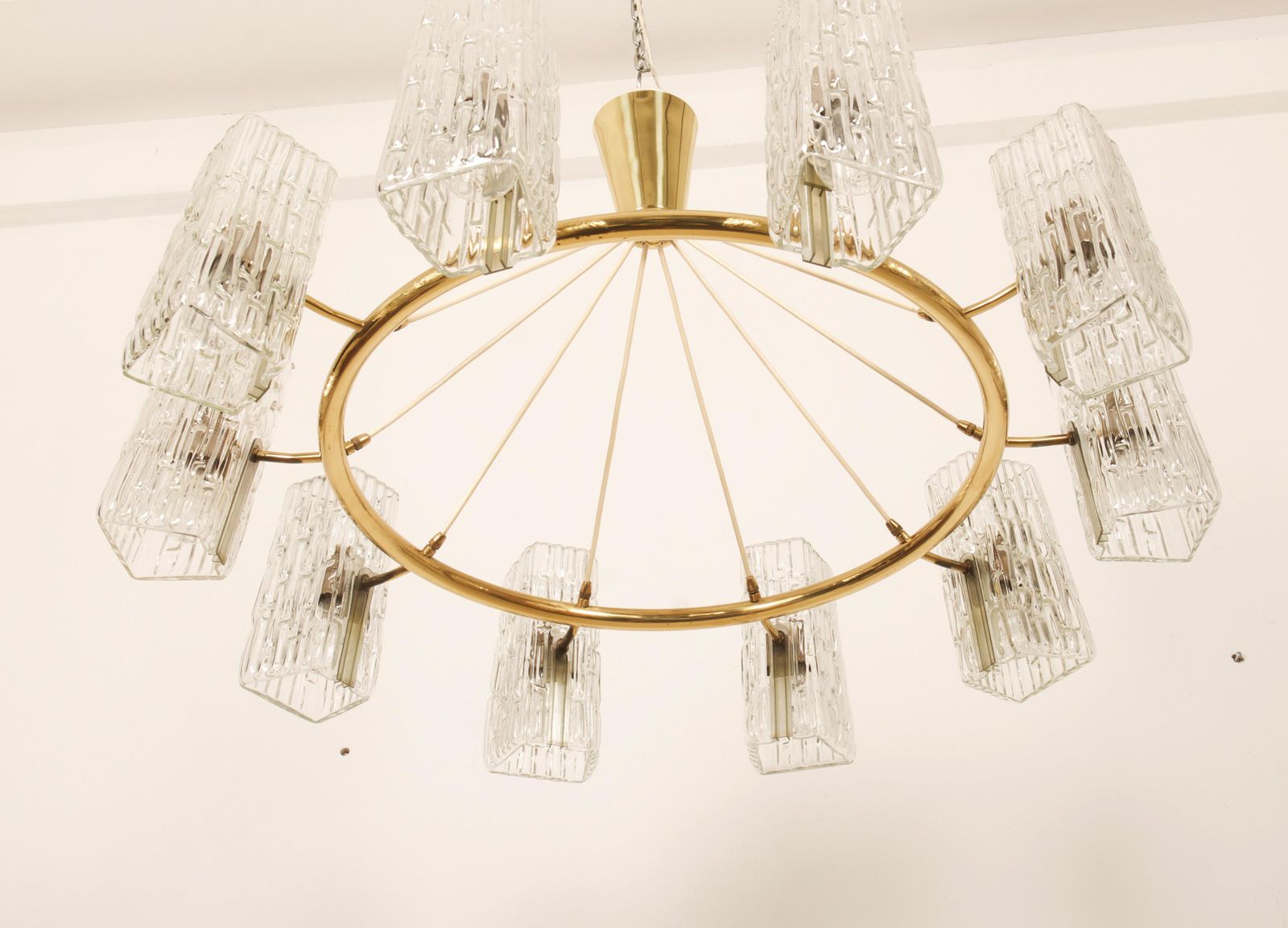 Huge Midcentury Brass Chandelier With Pressed Glass Shades By Rupert Nikoll photo for sale