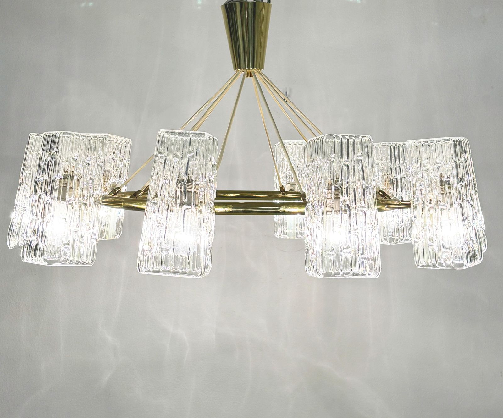 photo furniture Huge Midcentury Brass Chandelier With Pressed Glass Shades By Rupert Nikoll