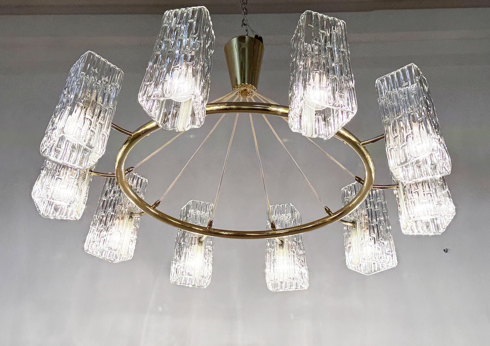 photo for sale Huge Midcentury Brass Chandelier With Pressed Glass Shades By Rupert Nikoll