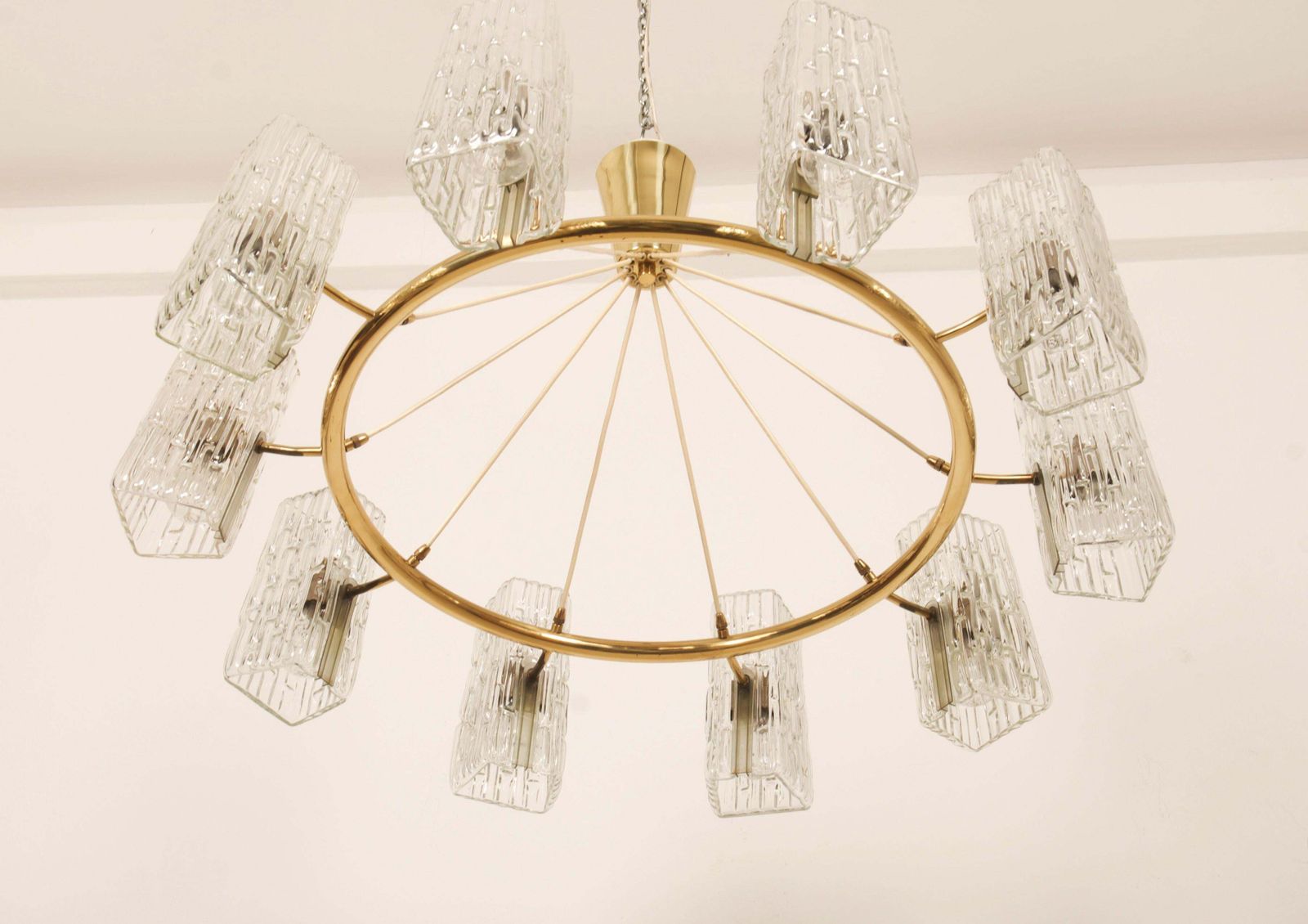 photo vinterior Huge Midcentury Brass Chandelier With Pressed Glass Shades By Rupert Nikoll