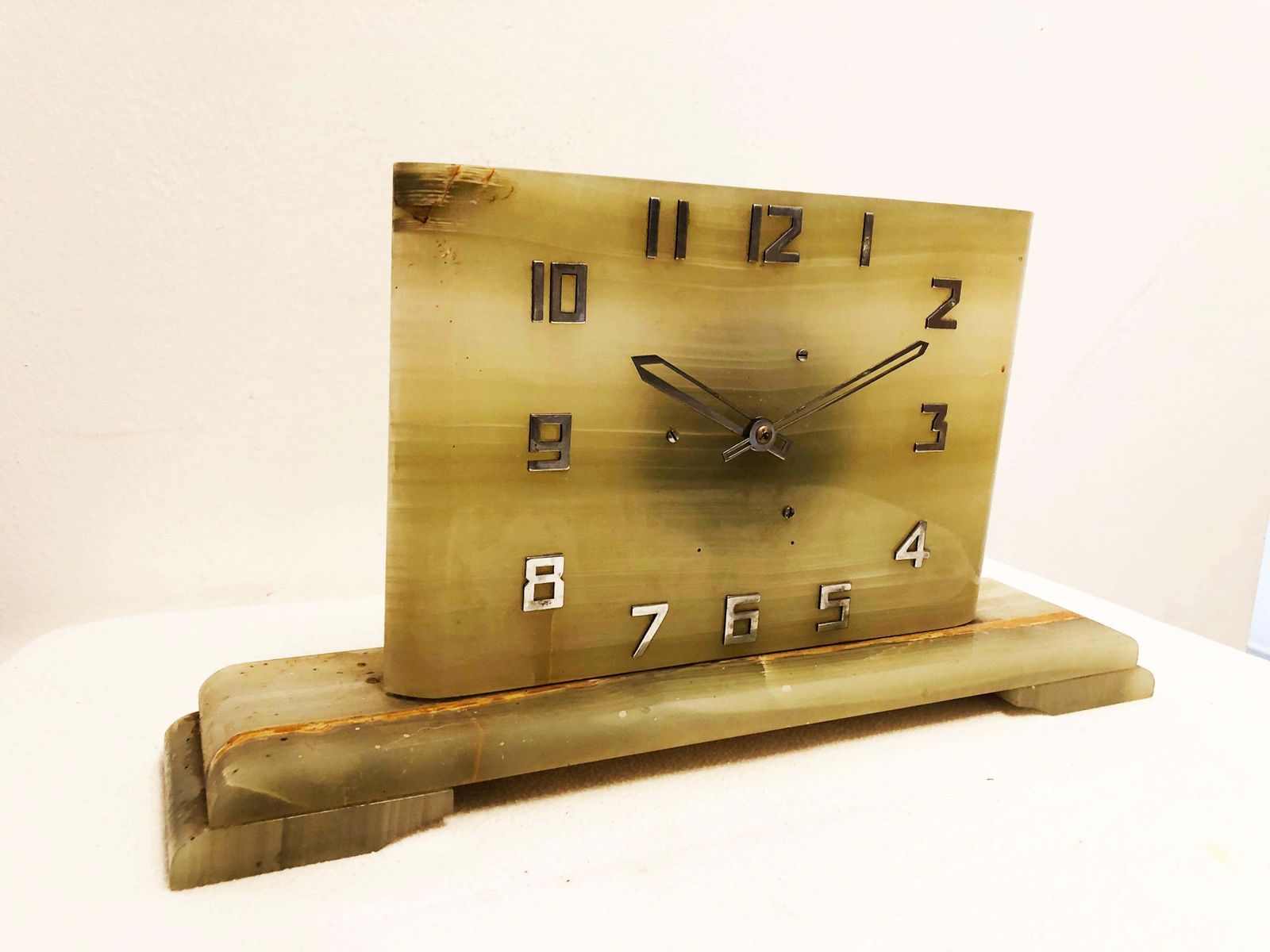 Large Art Deco Green Alabaster Table Clock photo for sale