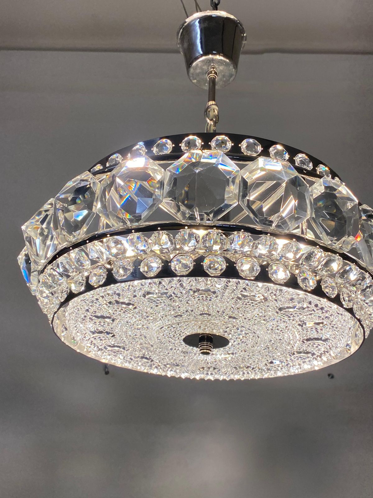photo for sale Chromed Brass And Glass Chandelier By Orrefors From The 1960s