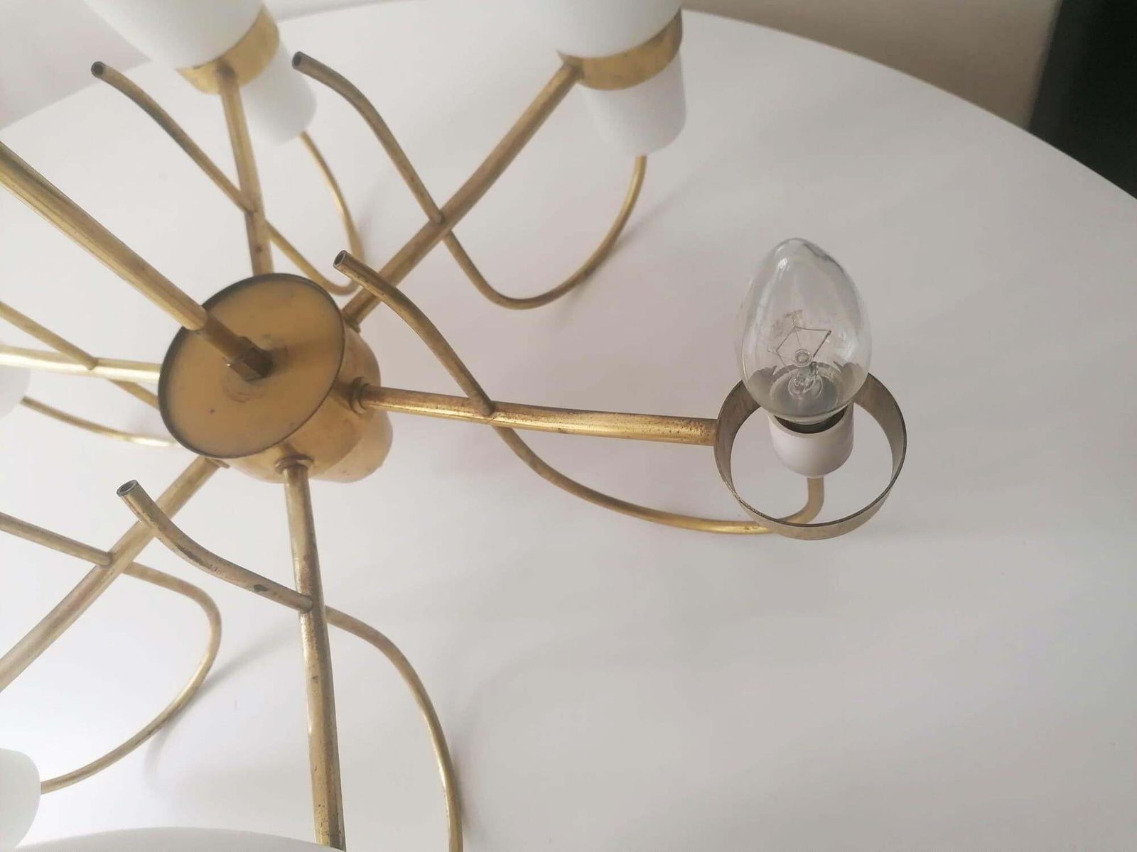photo furniture Brass And Opaline Glass Chandelier By Rupert Nikoll