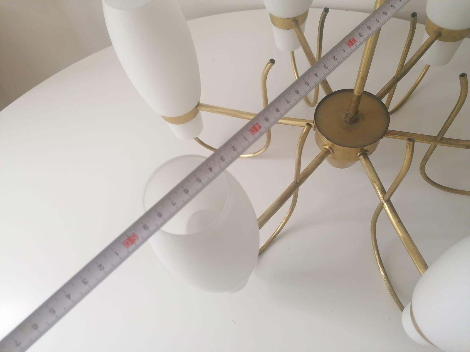 photo vintage Brass And Opaline Glass Chandelier By Rupert Nikoll