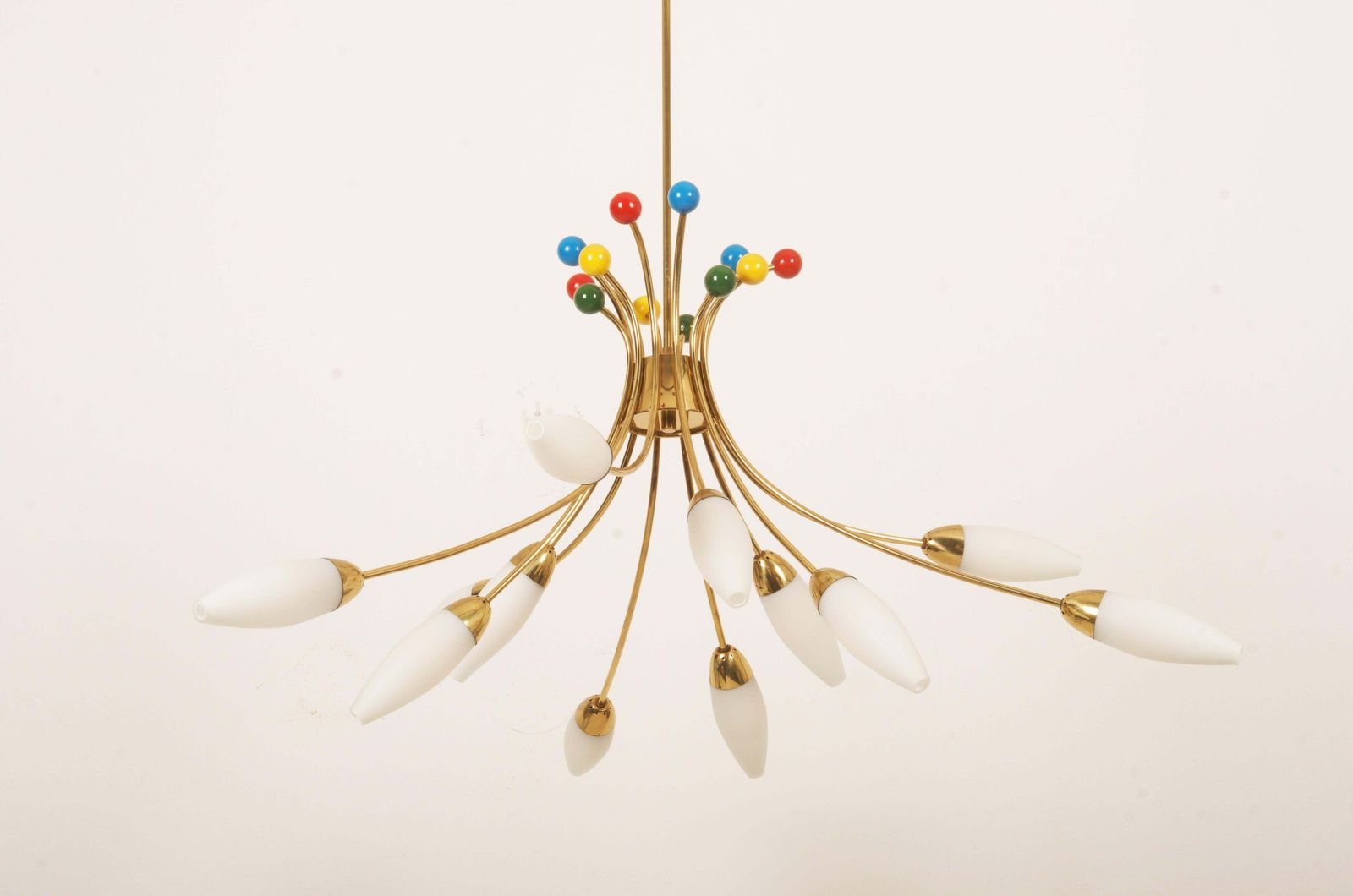 Midcentury Brass Opaline Glass Chandelier By Rupert Nikoll photo for sale
