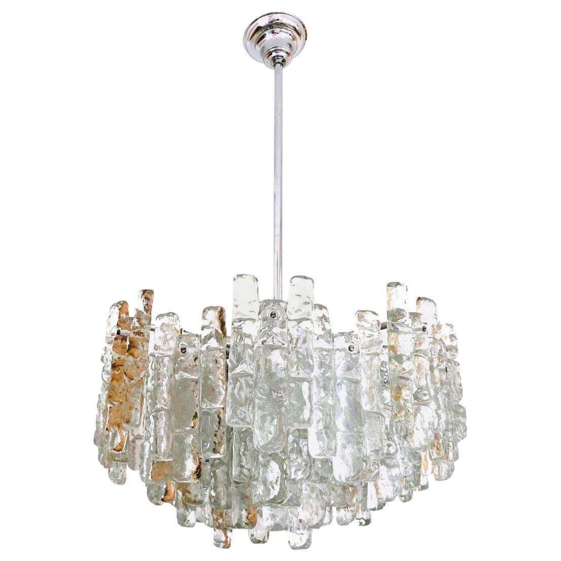 Austrian Large Midcentury Ice Glass Murano Chandelier By Kalmar, 1970s