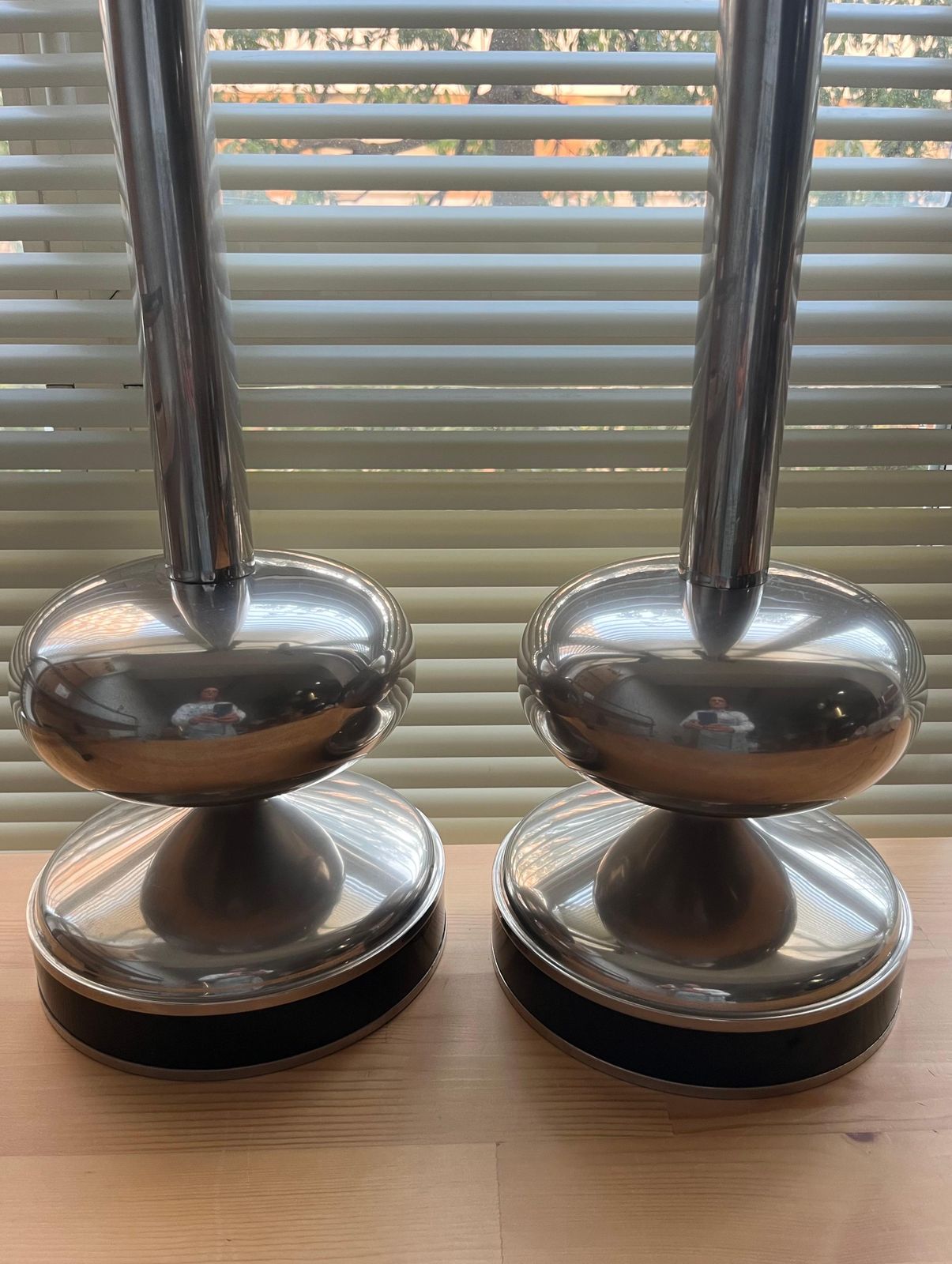 Lighting Pair Of Midcentury Chromed And Black Enamel Spanish Table Lamps, 1970s photo