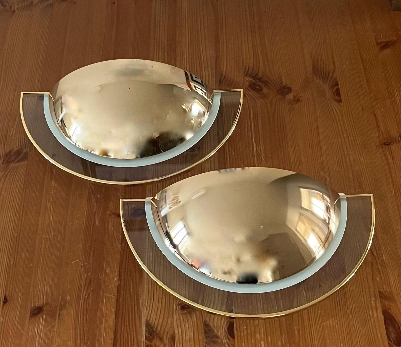 Large Postmodern Pair Of Gold Glass Wall Sconces By Estiluz, Barcelona, 1980s photo for sale