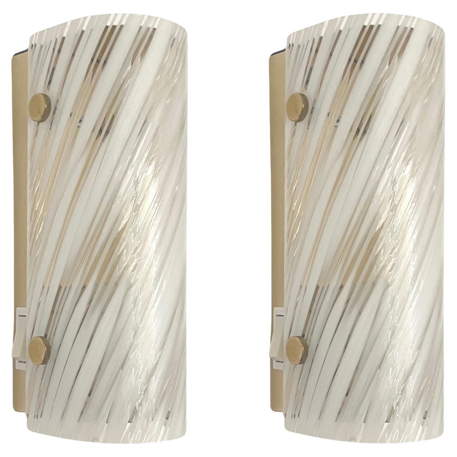 German Mid Century White Clear Murano Pair Of Wall Sconces By Hillebrand, 1970s