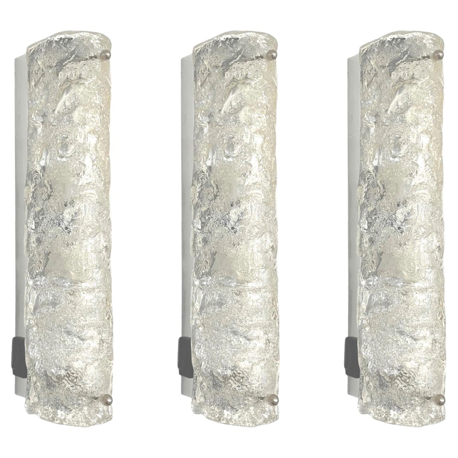 German Midcentury Set Of Three Murano Iceglass Wall Sconces By Hillebrand, 1970s