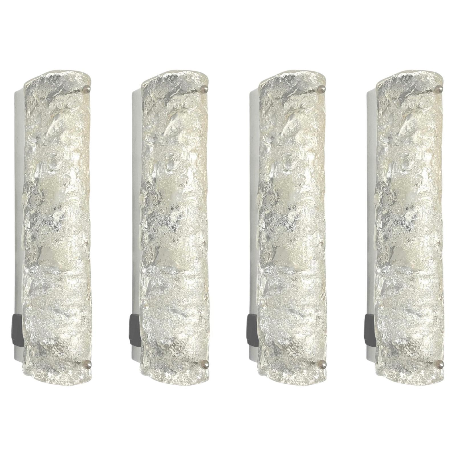 German Midcentury Set Of Four Murano Ice Glass Wall Sconces By Hillebrand, 1970s