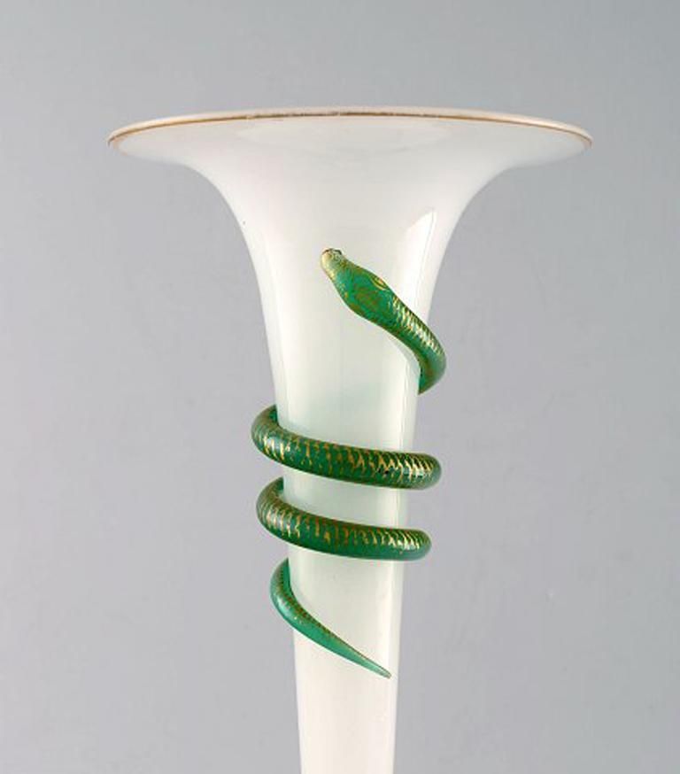 Large Art Nouveau Opaline Glass Vase With Green Snake photo for sale