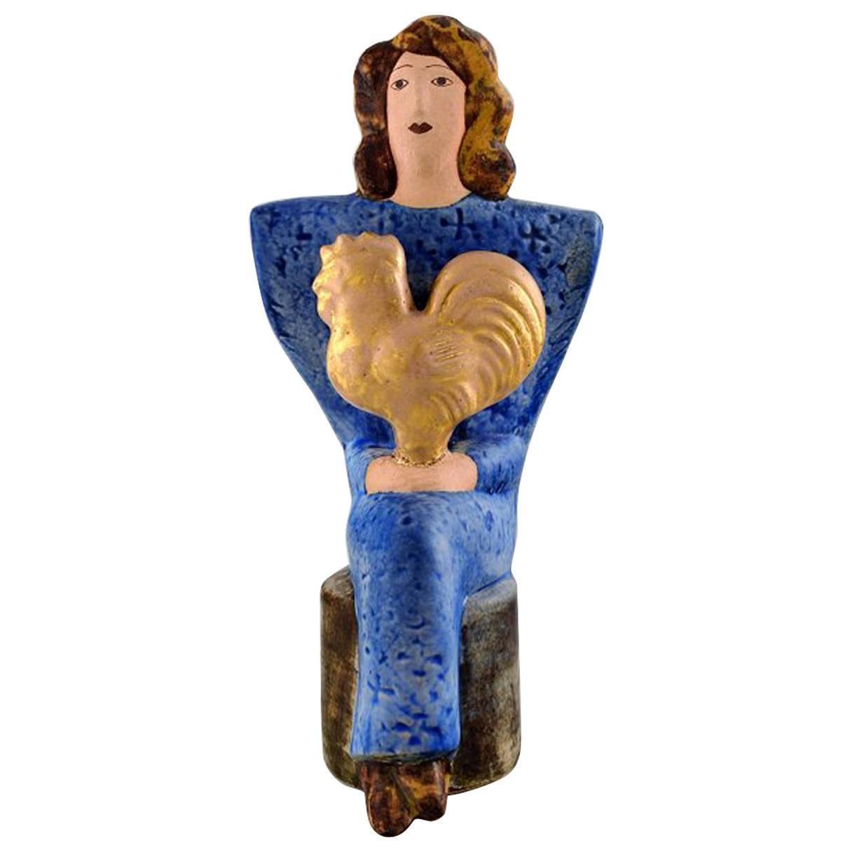 Very Rare Lisa Larson Unique Figure Of Sitting Woman In Blue With Golden Rooster