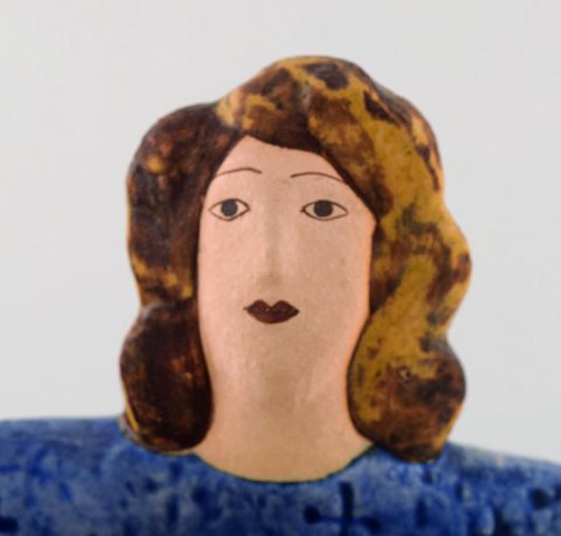 Very Rare Lisa Larson Unique Figure Of Sitting Woman In Blue With Golden Rooster photo Home Decor