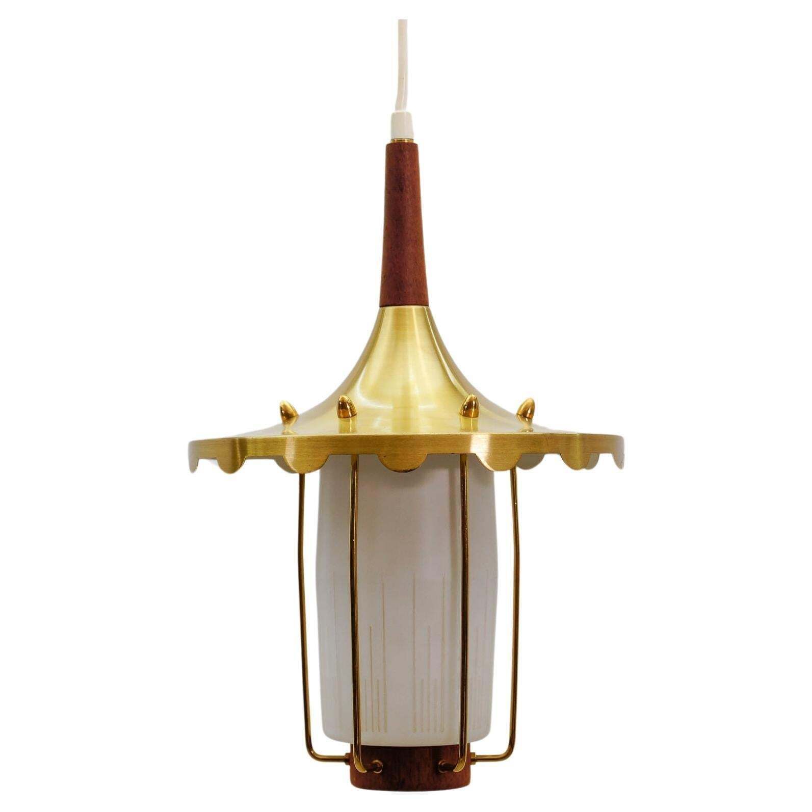 Lovely And Rare Scandinavian Teak, Opaline Glass And Brass Lamp, 1960s