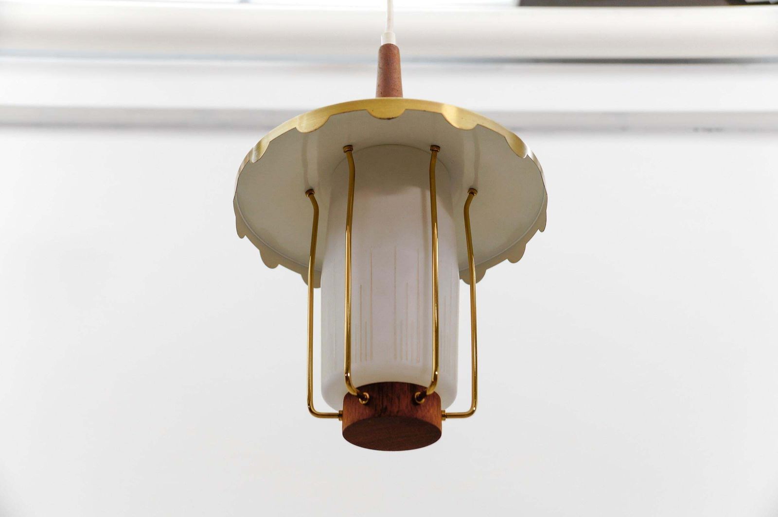 Lighting Lovely And Rare Scandinavian Teak, Opaline Glass And Brass Lamp, 1960s photo