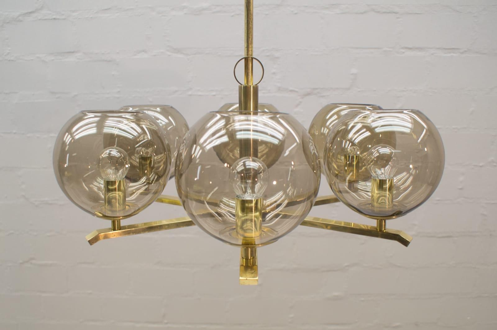 Elegant 1960s Brass Ceiling Lamp With 8 Smoked Glass Globes, Germany photo furniture