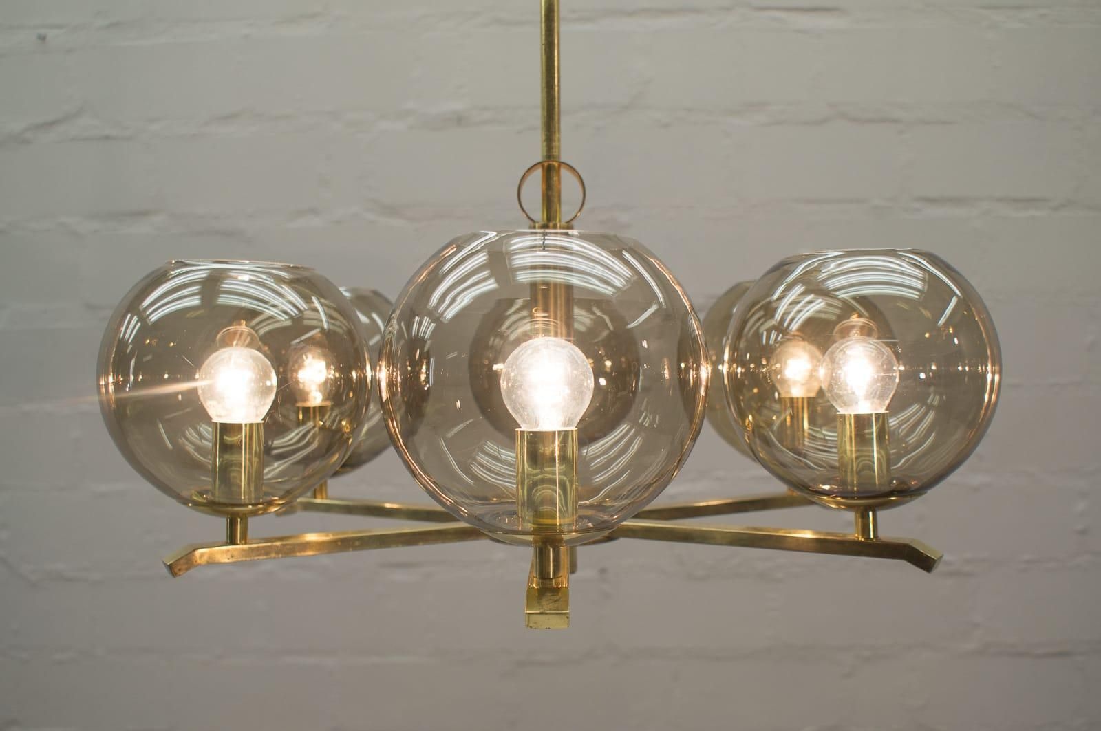 Elegant 1960s Brass Ceiling Lamp With 8 Smoked Glass Globes, Germany photo for sale