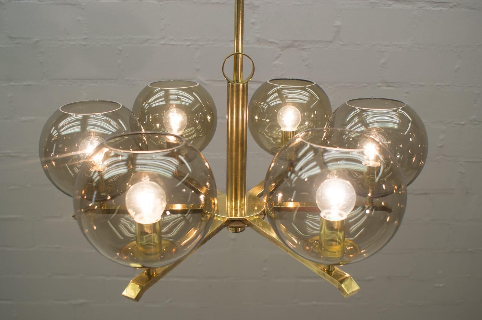 Elegant 1960s Brass Ceiling Lamp With 8 Smoked Glass Globes, Germany photo vintage