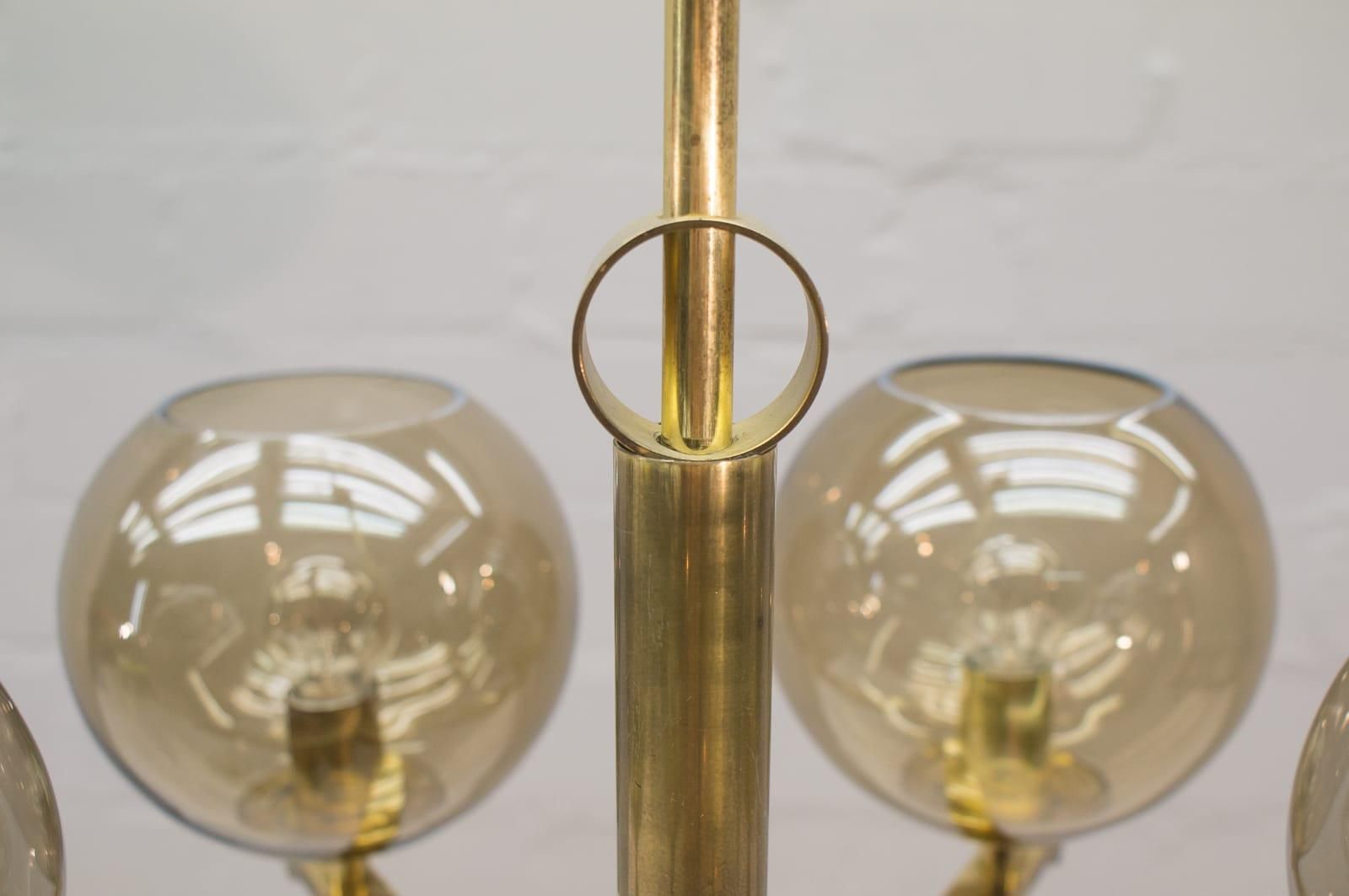 photo for sale Elegant 1960s Brass Ceiling Lamp With 8 Smoked Glass Globes, Germany