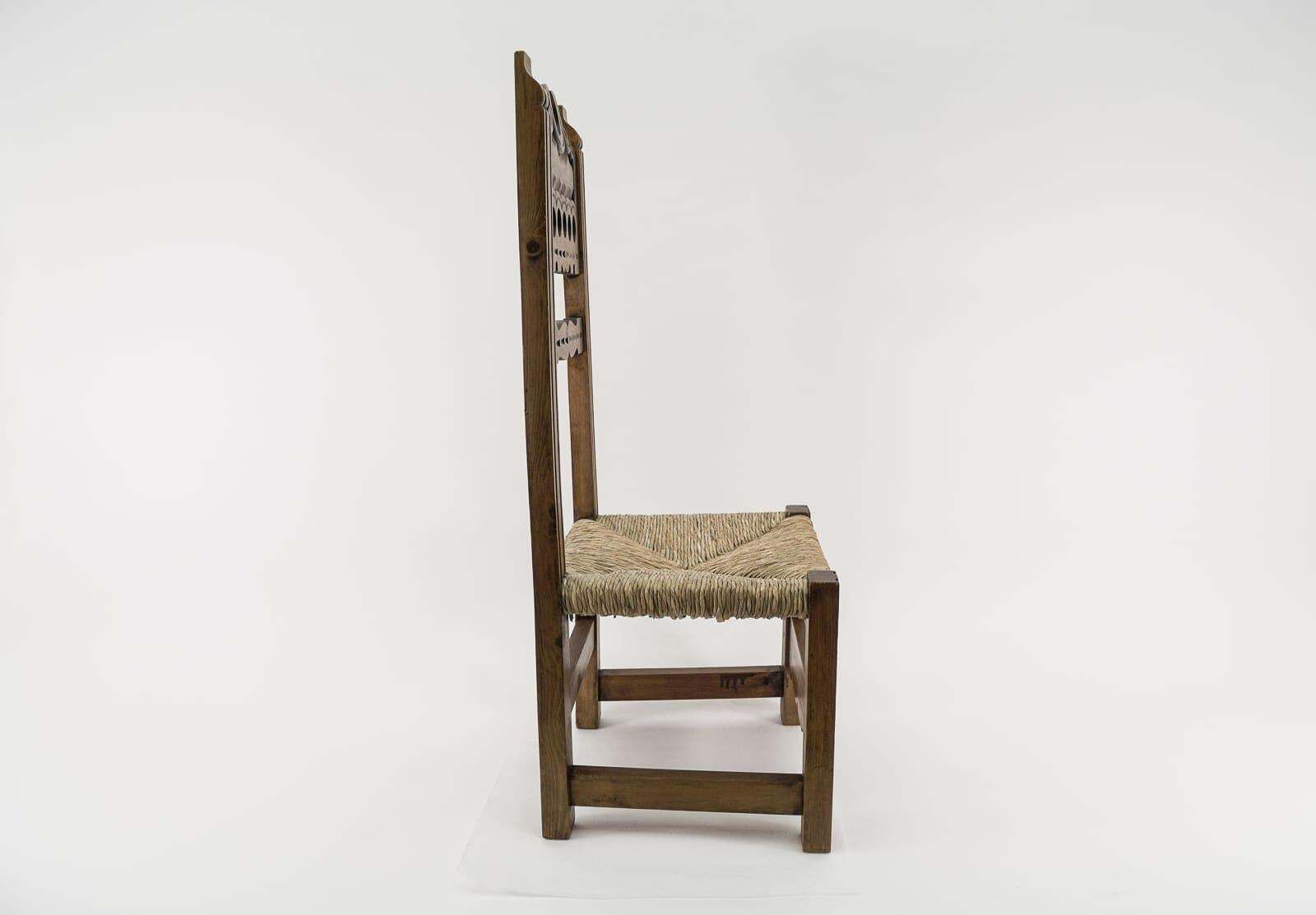Great Hand Carved Wooden High Back Chair With Sea Grass Seat From Spain, 1960s photo Furniture