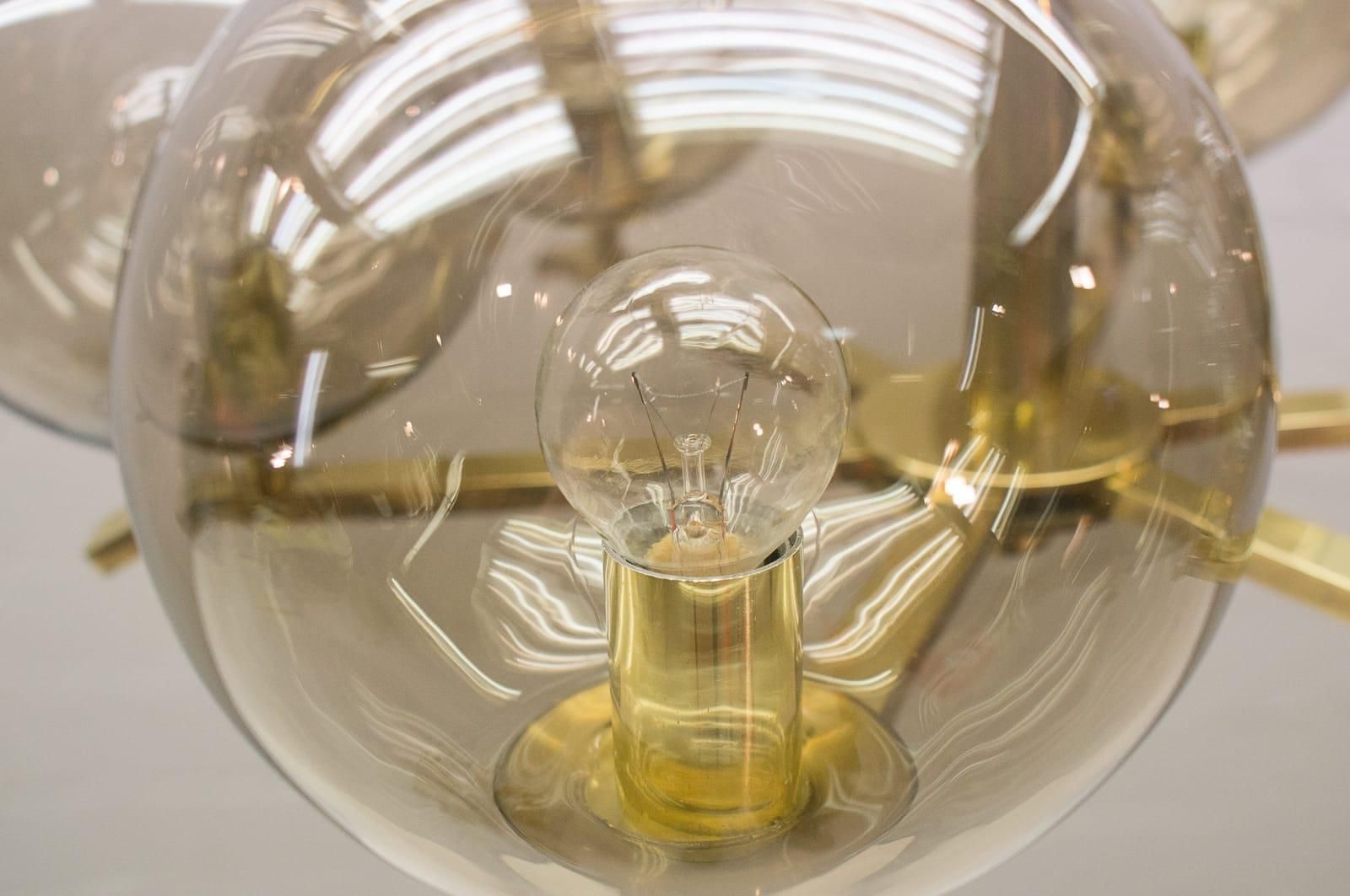 Lighting Elegant 1960s Brass Ceiling Lamp With 8 Smoked Glass Globes, Germany photo