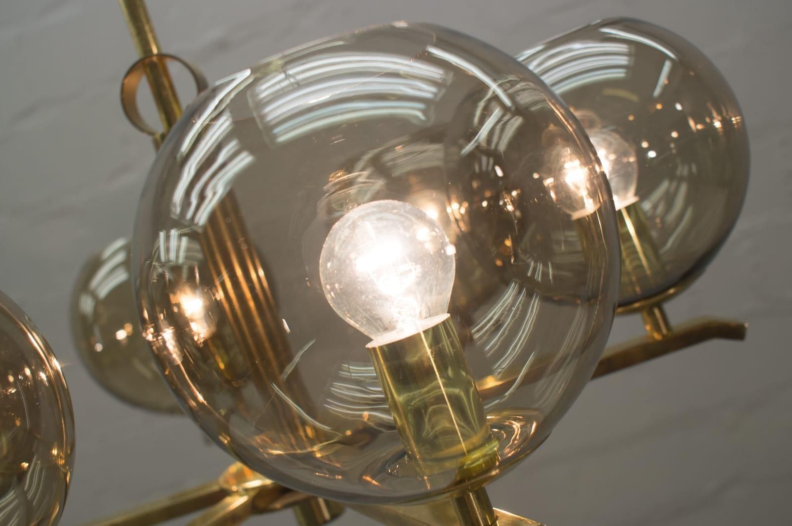 1062.0 Elegant 1960s Brass Ceiling Lamp With 8 Smoked Glass Globes, Germany photo