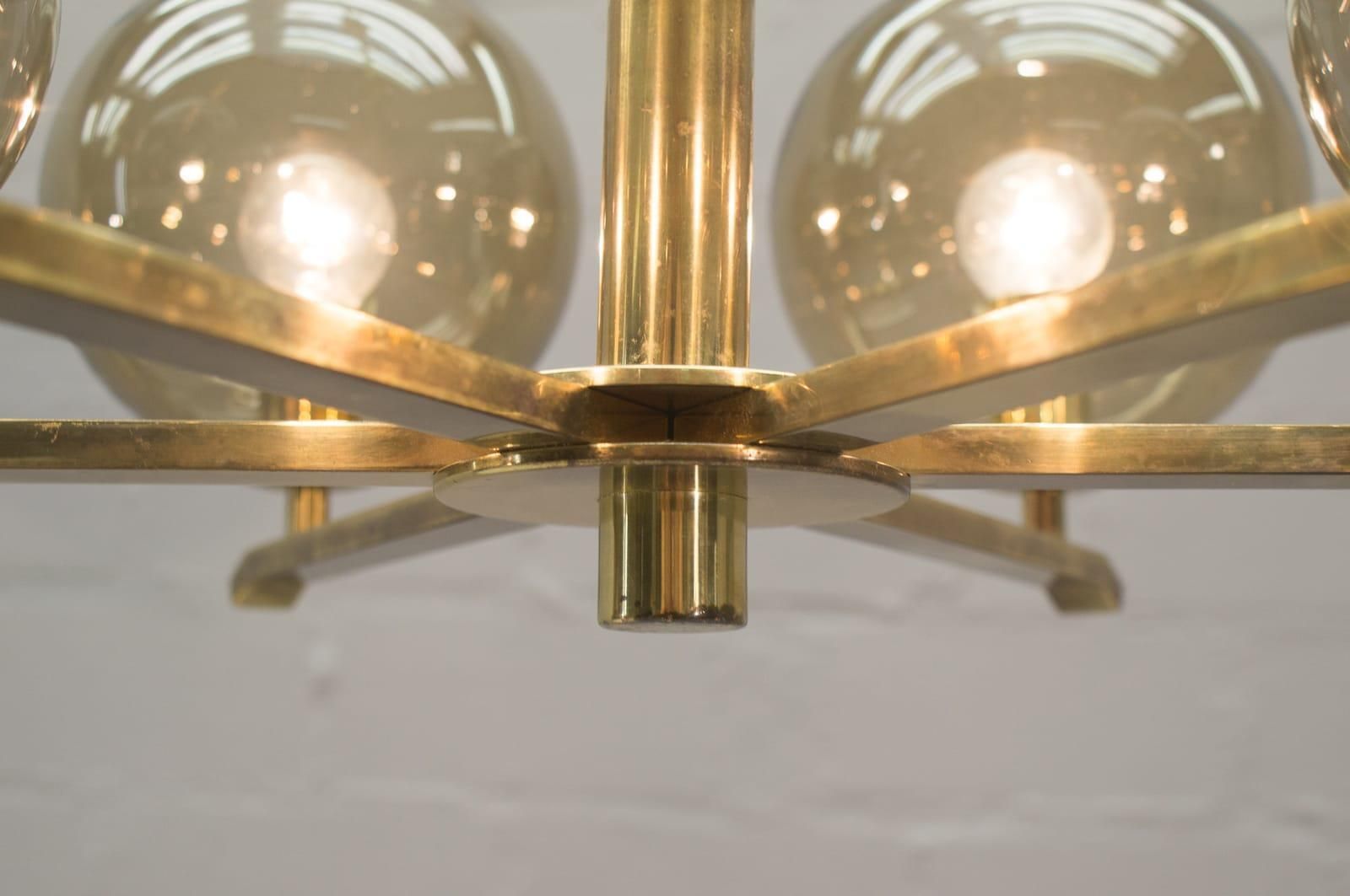 photo vinterior Elegant 1960s Brass Ceiling Lamp With 8 Smoked Glass Globes, Germany