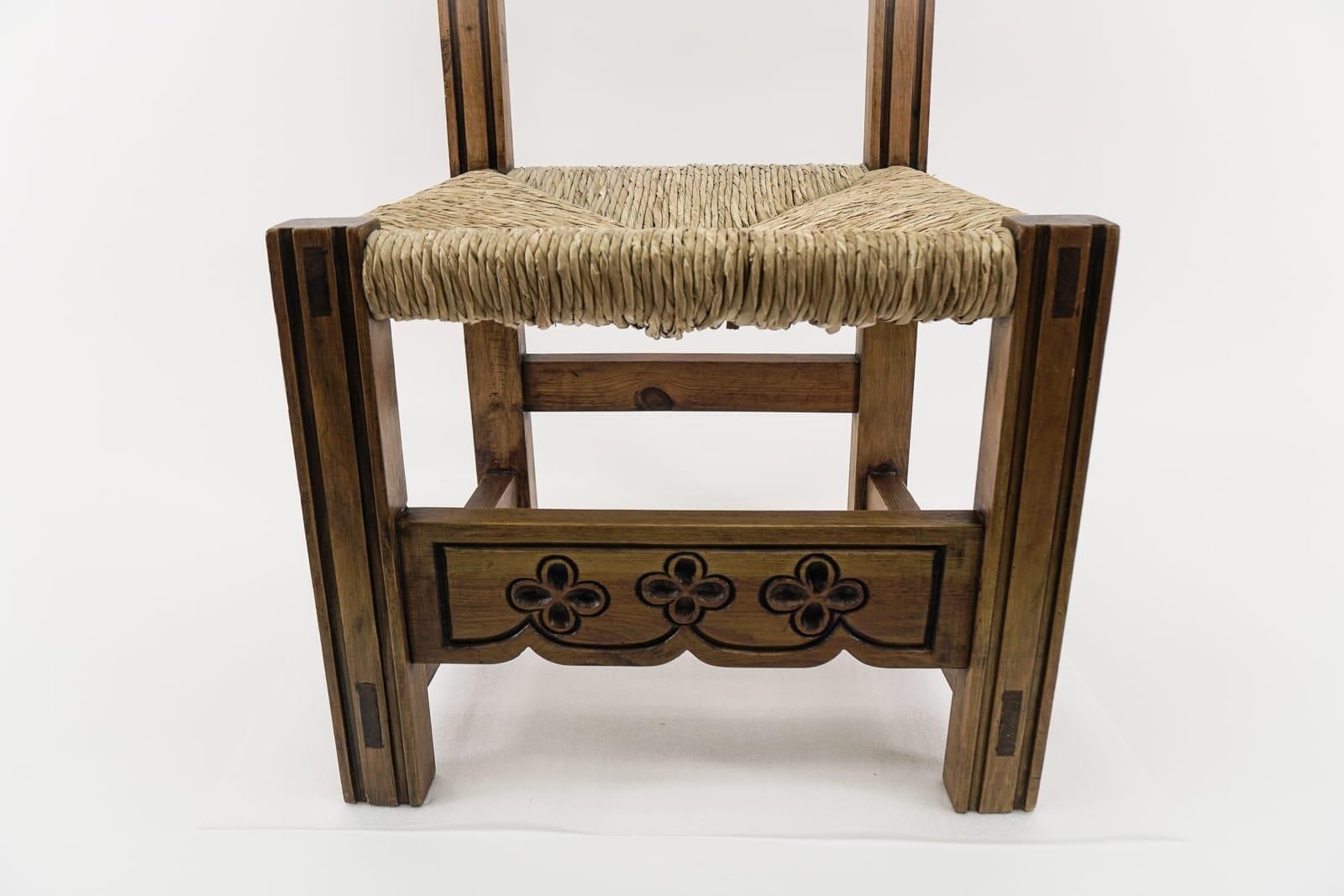 Great Hand Carved Wooden High Back Chair With Sea Grass Seat From Spain, 1960s photo vintage
