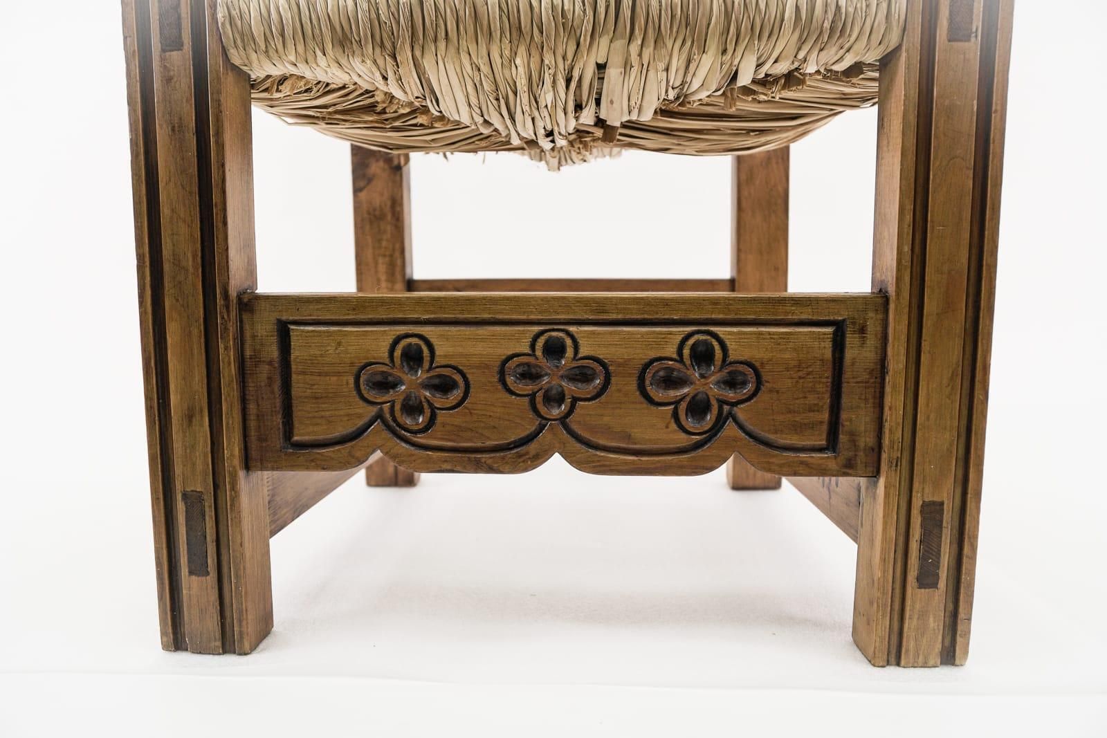 photo for sale Great Hand Carved Wooden High Back Chair With Sea Grass Seat From Spain, 1960s