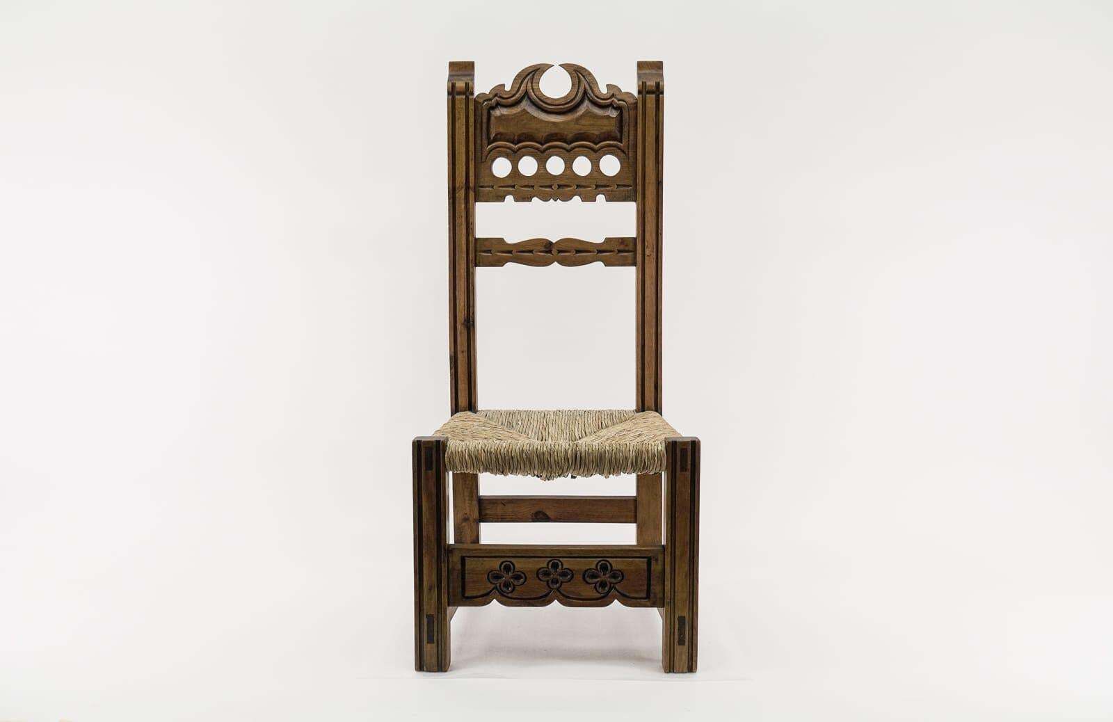 photo buy Great Hand Carved Wooden High Back Chair With Sea Grass Seat From Spain, 1960s