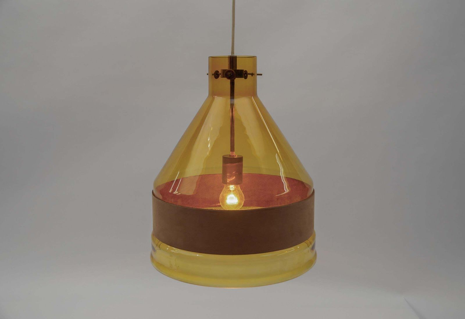 Huge J.T. Kalmar Yellow Tinted Glass Pendant Lamp With Leather, Austria 1970s photo vintage