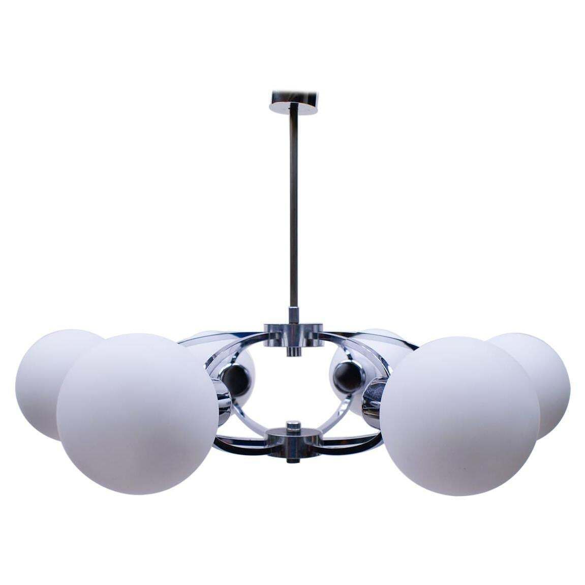 Elegant 1960s Chrome Ceiling Lamp With 6 Opaline Glass Globes