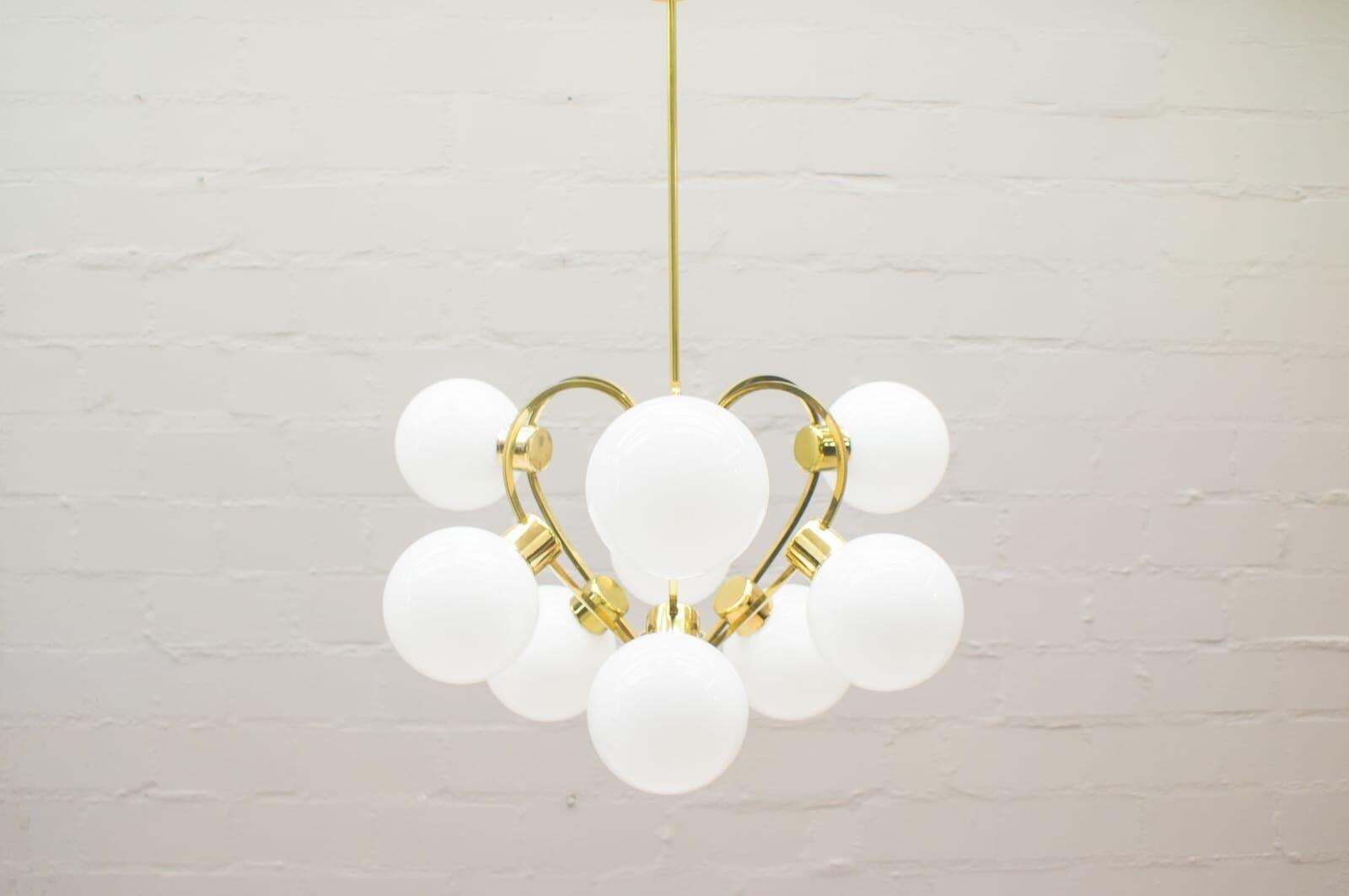 Elegant 1960s Brass Ceiling Lamp With 9 Opaline Glass Globes photo furniture