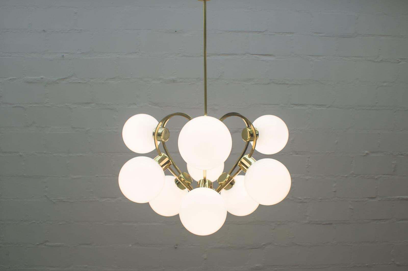 Elegant 1960s Brass Ceiling Lamp With 9 Opaline Glass Globes photo for sale